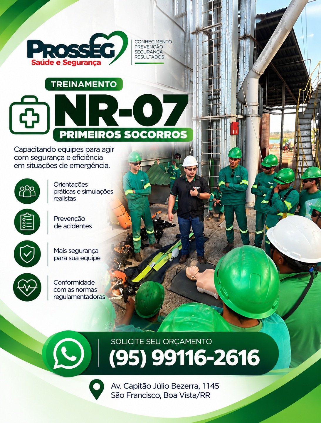 Atividade prática de primeiros socorros com trabalhadores usando equipamentos de proteção